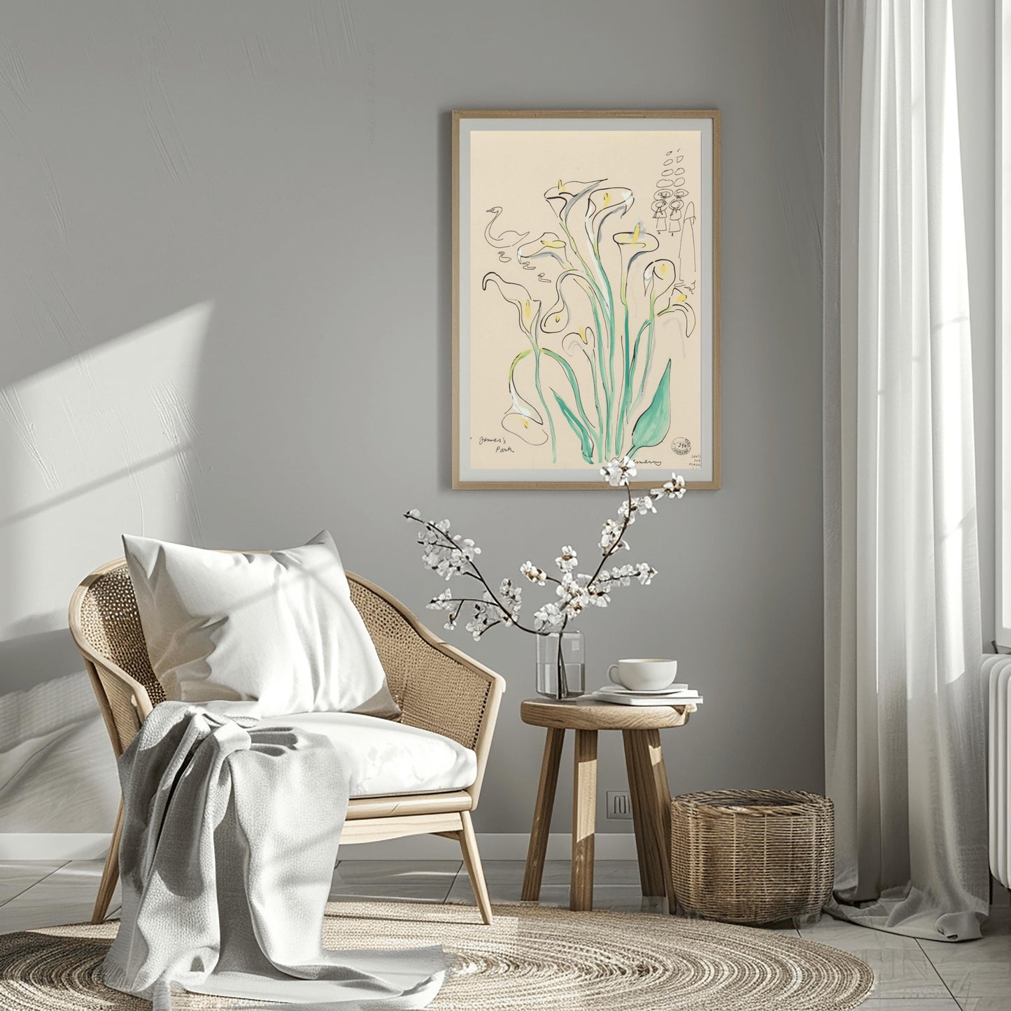 A vertical ink and watercolor sketch by Ludwig Bemelmans titled "St James's Park". A large bouquet of white calla lilies with light green stems and yellow centers dominates the center. To the left, a minimalist ink sketch of a swan and four ducklings floats by. In the upper right corner, a simple line drawing shows the twelve little girls in hats. Signed "Bemelmans" at the bottom with studio markings in the bottom right corner.