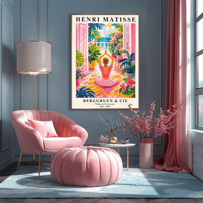 A vertical maximalist art print styled as a Henri Matisse exhibition poster. A woman with blonde hair tied back is seen from behind, sitting on a yellow-and-orange striped yoga mat in a yoga pose with her hands joined above her head. She faces open pink French doors that lead to a balcony with a view of a blue sea and a distant city. The terrace is filled with vibrant pink flowers, large green tropical plants in yellow pots, and a small wooden stool.