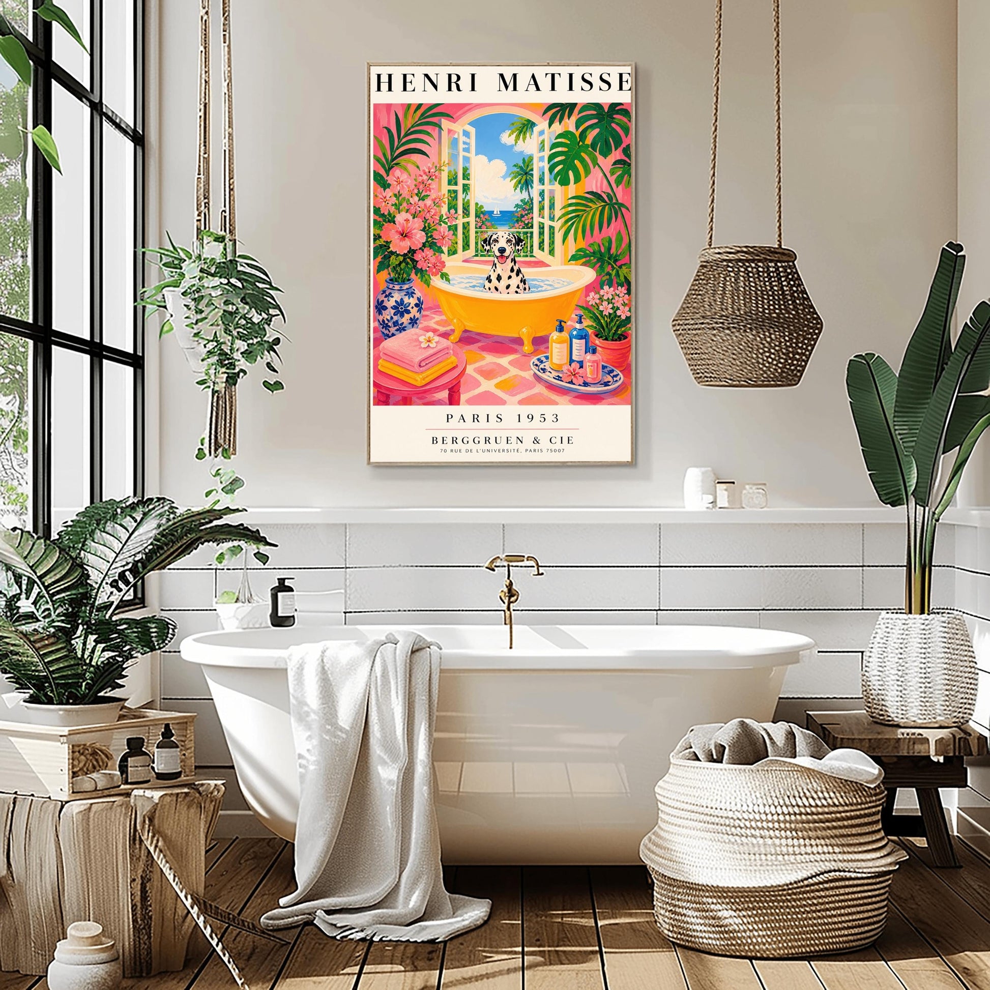 A vertical maximalist art print styled as a Henri Matisse exhibition poster. A black and white spotted Dalmatian dog with its tongue out sits happily in a bright yellow clawfoot bathtub filled with water. The bathroom has hot pink walls, pink and yellow checkered tiles, and is filled with lush green tropical plants and pink flowers. Open arched doors in the background show a view of a blue sea with a white sailboat and palm trees. Bold black text at the top
