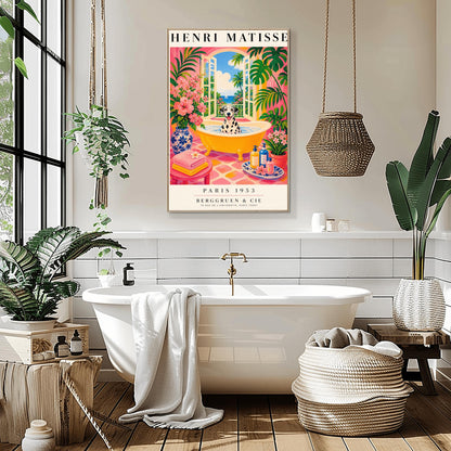 A vertical maximalist art print styled as a Henri Matisse exhibition poster. A black and white spotted Dalmatian dog with its tongue out sits happily in a bright yellow clawfoot bathtub filled with water. The bathroom has hot pink walls, pink and yellow checkered tiles, and is filled with lush green tropical plants and pink flowers. Open arched doors in the background show a view of a blue sea with a white sailboat and palm trees. Bold black text at the top