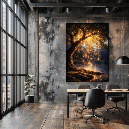 A vertical full-bleed illustration of a weeping willow tree at night in the style of Gustav Klimt. The branches hang down like strings of golden lights over a dark lake. The water reflects the golden glow, and the tree stands on a mossy bank against a dark forest background.