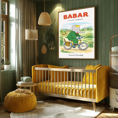 A vertical children's illustration poster titled "BABAR le petit éléphant" at the top in red. King Babar, in a green suit and crown, is riding a yellow bicycle along a dirt path. A brown leather bag on the back of the bike holds a baguette. The background shows a green meadow with a cow and calf, small bushes with flowers, and a distant house and church under a soft sky. The name "Laurent de Brunhoff" is at the bottom.