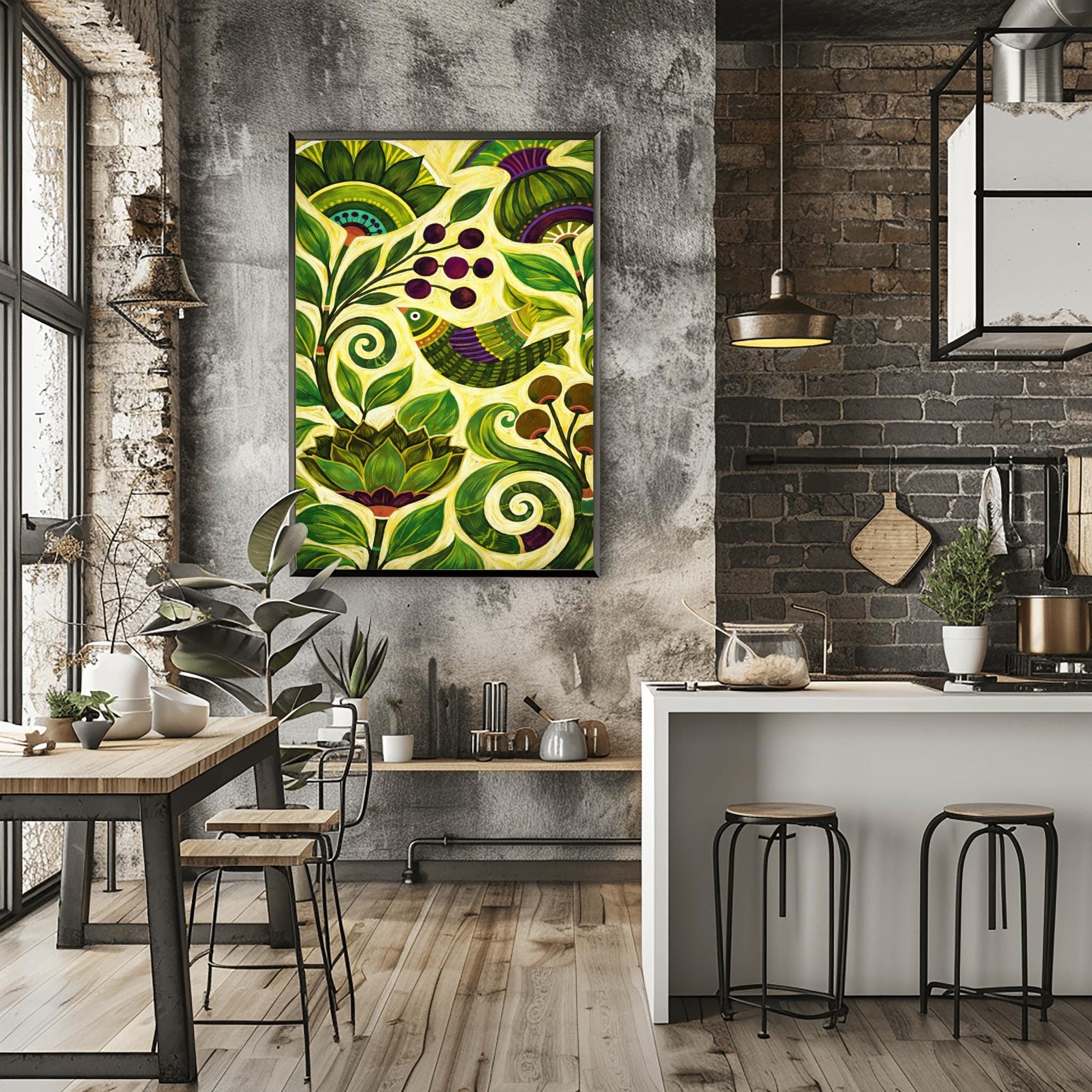A vertical botanical art print in a modern folk style. A stylized bird with green and purple stripes is perched among thick, swirling green vines and large, pointed leaves. Clusters of dark purple berries and round brown seed pods are scattered throughout the composition. The background is a soft yellow-green, and the entire image is filled with intricate, hand-painted textures and circular patterns.