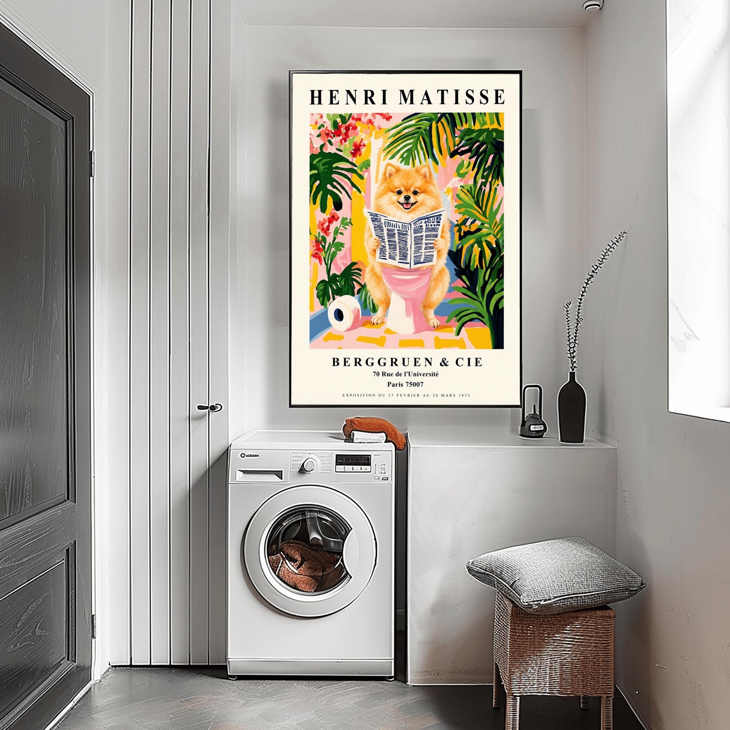 A vertical fine art exhibition poster in the style of Henri Matisse featuring a wide cream border. Bold black text reads "HENRI MATISSE" at the top and "BERGGRUEN & CIE" at the bottom. The central painting humorously depicts a fluffy orange Pomeranian dog smiling while sitting on a pink toilet reading a newspaper, surrounded by lush green palm leaves, tropical flowers, and a toilet paper roll on the floor.
