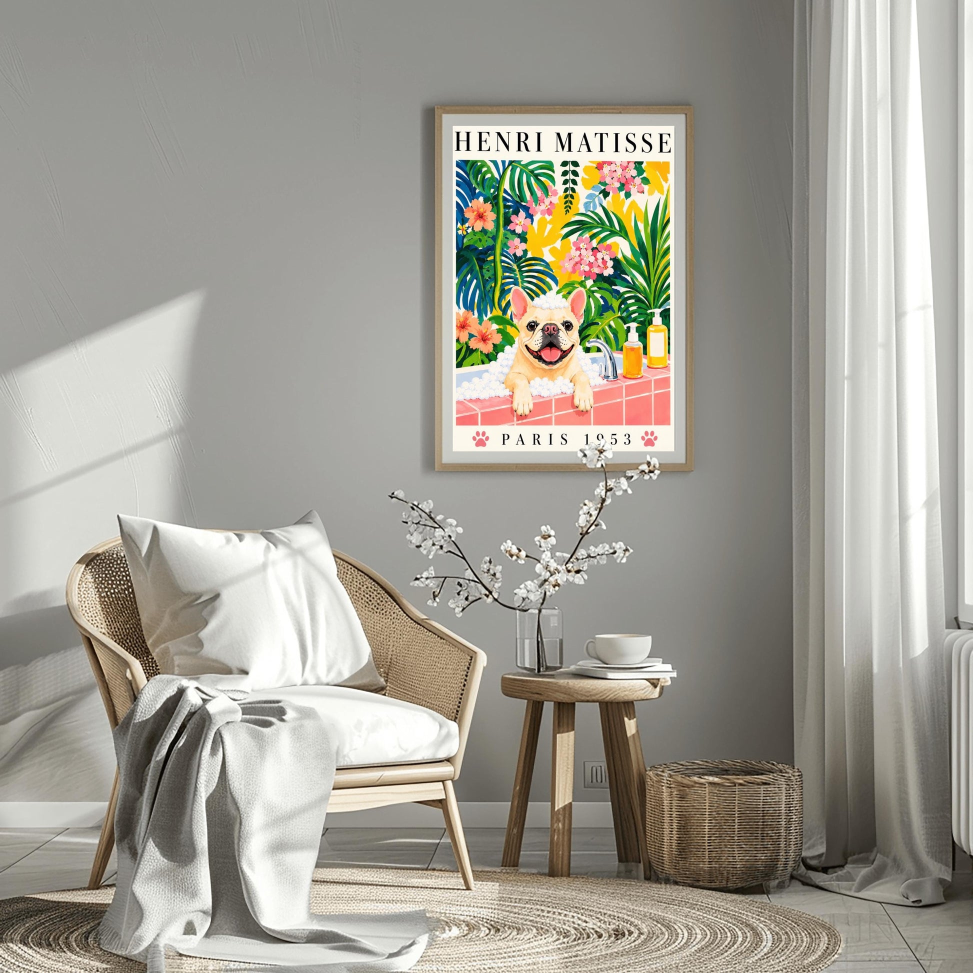 A vertical fine art exhibition poster in the style of Henri Matisse featuring a wide cream border. Bold black text reads "HENRI MATISSE" at the top and "PARIS 1953" at the bottom with two pink paw prints. The colorful painting inside depicts a cream French bulldog sitting in a bubble bath behind a pink tiled ledge, surrounded by a dense backdrop of green and blue tropical leaves, pink flowers, and yellow patterns.