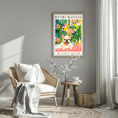 A vertical fine art exhibition poster in the style of Henri Matisse featuring a wide cream border. Bold black text reads "HENRI MATISSE" at the top and "PARIS 1953" at the bottom with two pink paw prints. The colorful painting inside depicts a cream French bulldog sitting in a bubble bath behind a pink tiled ledge, surrounded by a dense backdrop of green and blue tropical leaves, pink flowers, and yellow patterns.