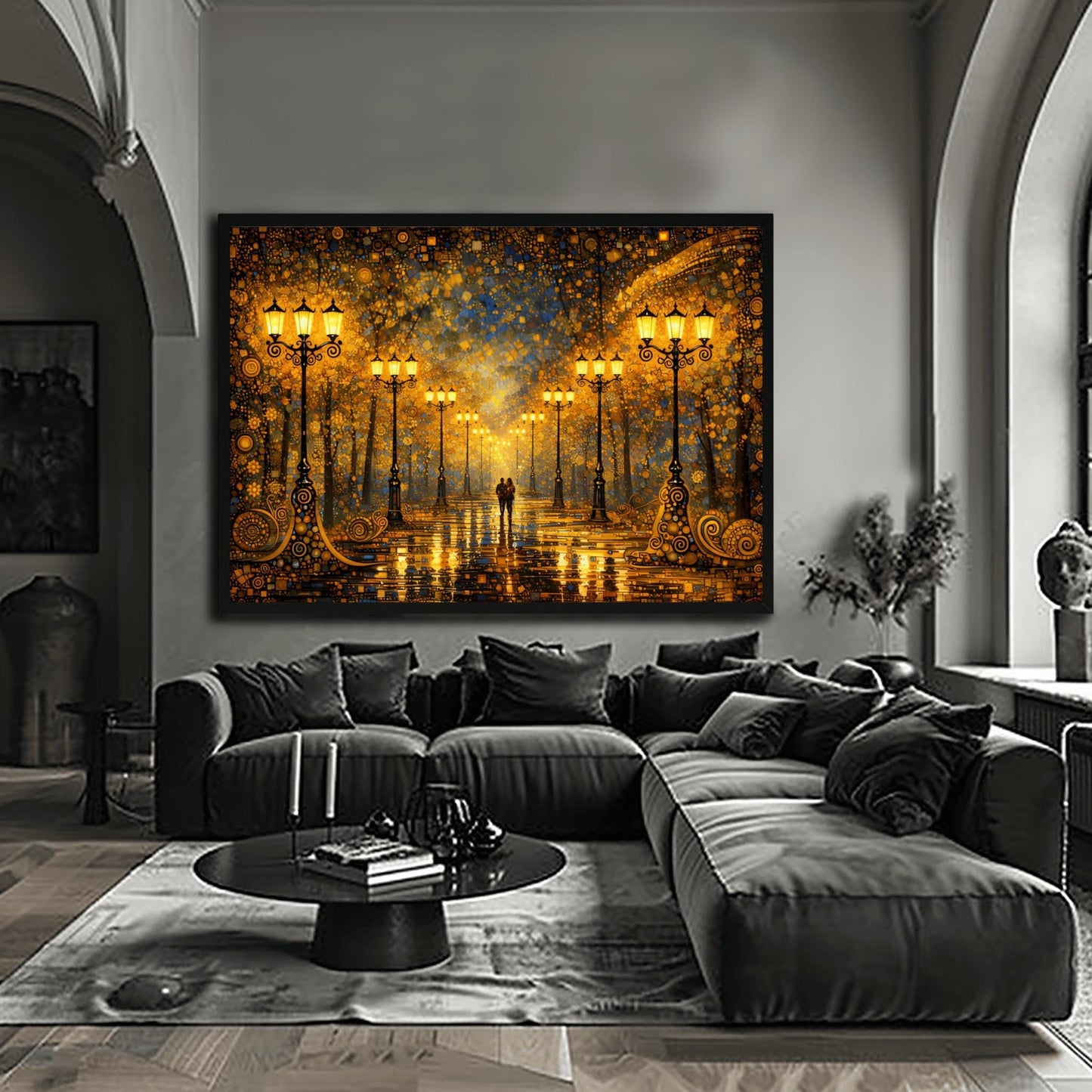 A horizontal fine art print in the style of Gustav Klimt. A couple walks down a rain-slicked park path lined with ornate, glowing golden lamp posts. The trees are made of gold and amber mosaic patterns under a dark blue sky filled with golden stars and geometric shapes. High contrast with radiant gold and deep navy tones.