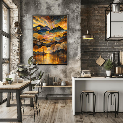 A vertical fine art print in the style of Gustav Klimt. A mountain range is made of rhythmic, undulating layers of blue, purple, and gold with mosaic patterns. Seven large golden spheres float in the air. The sky features swirling golden clouds and stars. In the foreground, a line of golden trees stands before a lake reflecting golden light.
