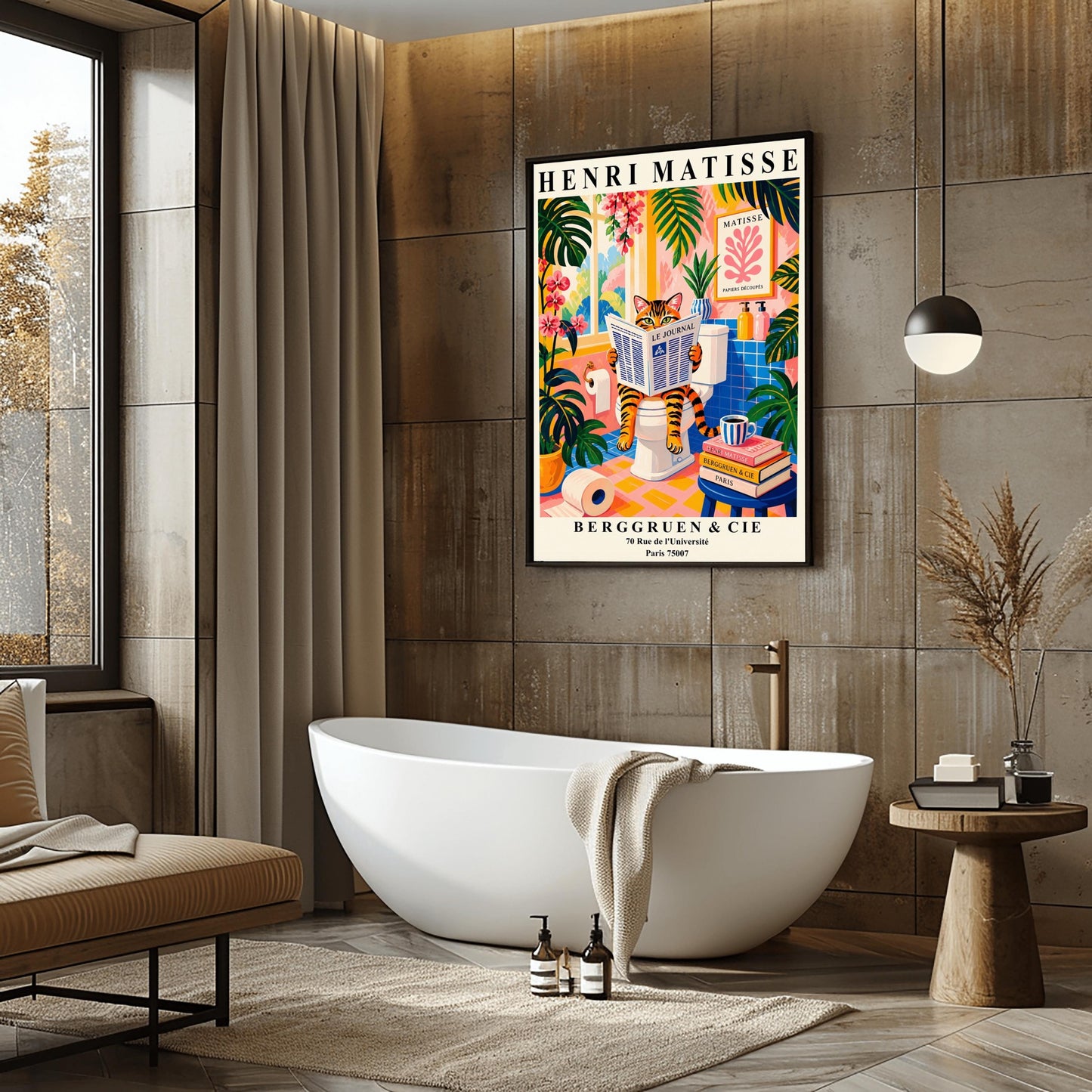 Tabby Cat on Toilet Art Print: Funny Matisse Style Bathroom Wall Art