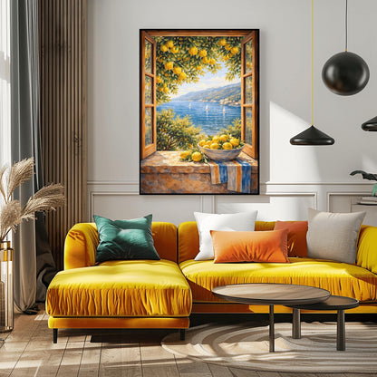 A vertical painterly illustration of an open wooden window looking out at a blue sea with sailboats. On the stone windowsill, a bowl of yellow lemons sits on a striped blue-and-yellow cloth. Lemon tree branches with fruit frame the view from above.