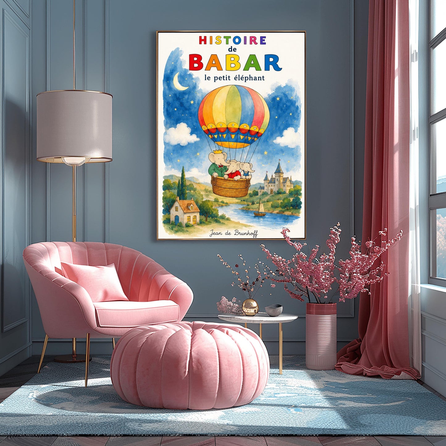 A vertical retro fine art exhibition poster titled "HISTOIRE de BABAR le petit éléphant" with a wide cream border. The illustration features a colorful hot air balloon carrying three elephants—one with a crown—floating in a sky that is half daytime blue and half starry dark blue with a crescent moon. Below them is a watercolor landscape of a river with a sailboat, a cottage, and a turleted castle. The signature "Jean de Brunhoff" anchors the bottom.