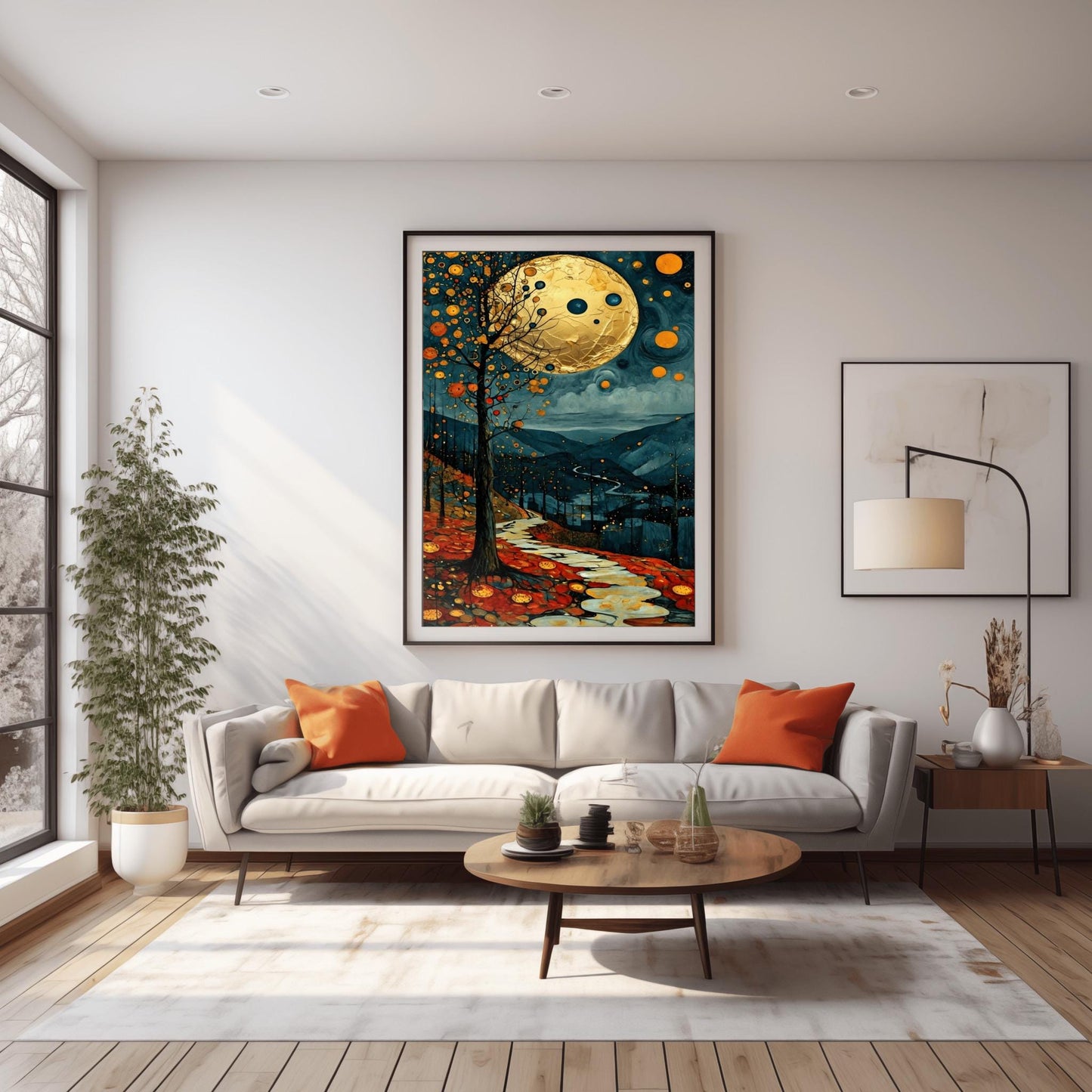 A vertical fine art painting in the style of Gustav Klimt. A massive, textured golden moon hangs in a dark, starlit sky above rolling teal mountains. A white, winding stone path leads through a foreground of orange and red autumn leaves. On the left, a slender tree is decorated with golden mosaic orbs. The overall style is rich in texture and golden ornamentation.