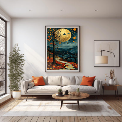 A vertical fine art painting in the style of Gustav Klimt. A massive, textured golden moon hangs in a dark, starlit sky above rolling teal mountains. A white, winding stone path leads through a foreground of orange and red autumn leaves. On the left, a slender tree is decorated with golden mosaic orbs. The overall style is rich in texture and golden ornamentation.