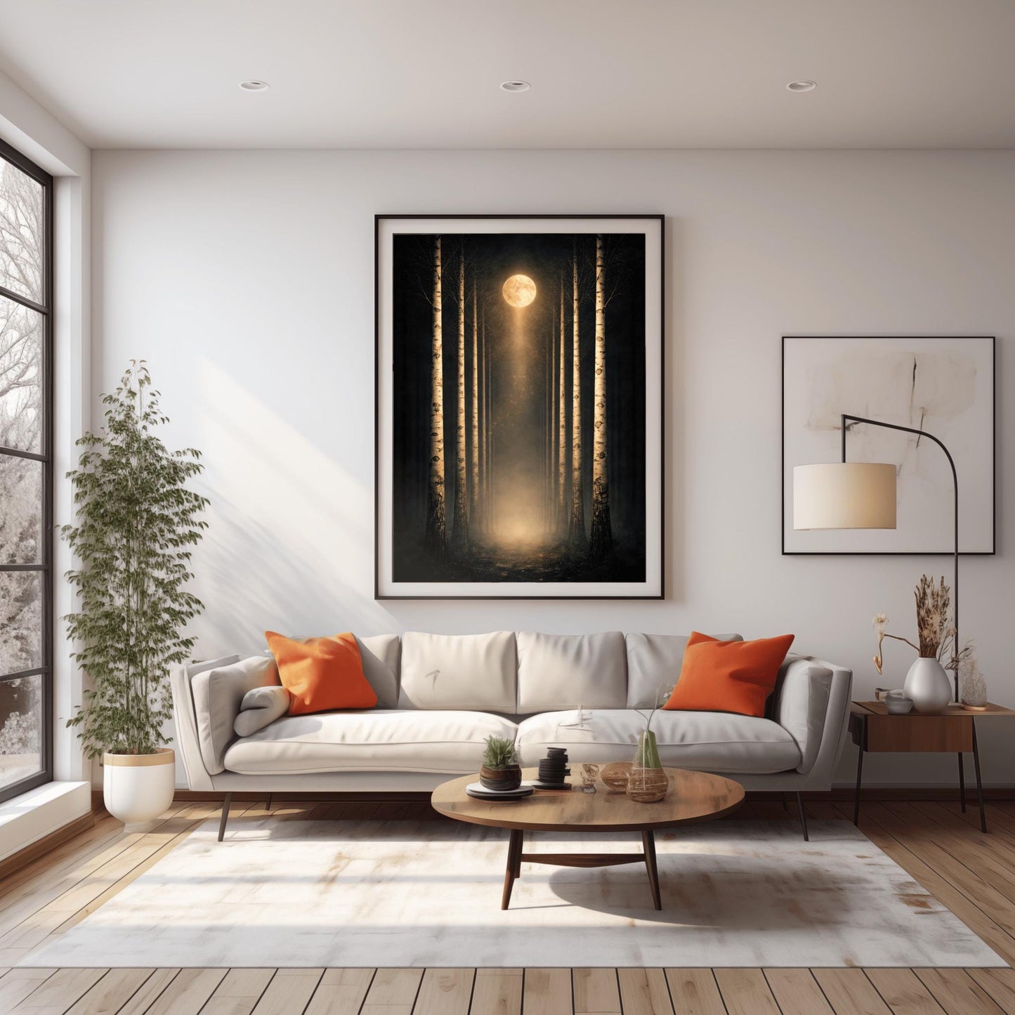 A vertical, perfectly symmetrical illustration of a birch forest at night. Three slender birch trees frame each side of a central path. A golden moon at the top center casts a beam of light downward onto a glowing forest floor. The trees feature intricate golden mosaic bark.