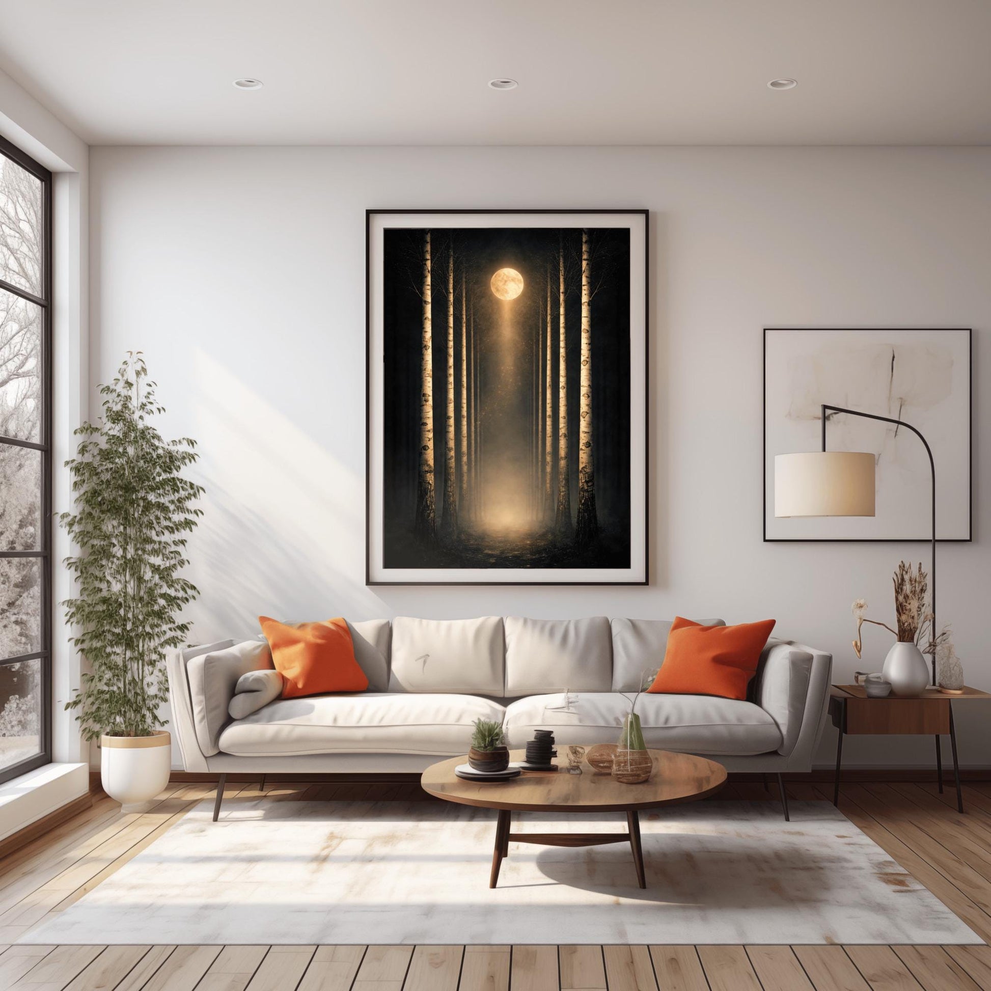 A vertical, perfectly symmetrical illustration of a birch forest at night. Three slender birch trees frame each side of a central path. A golden moon at the top center casts a beam of light downward onto a glowing forest floor. The trees feature intricate golden mosaic bark.