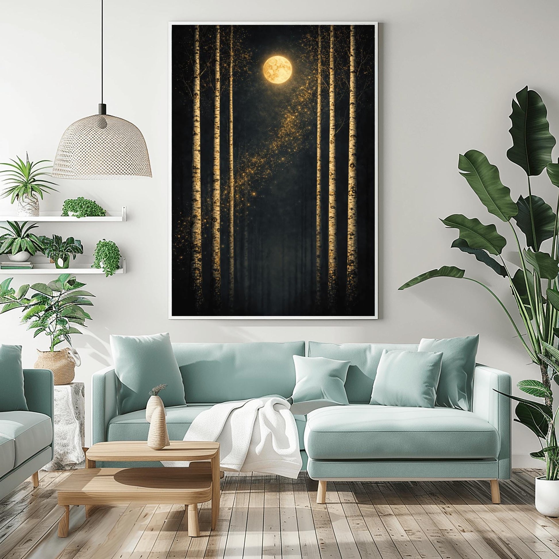 A vertical Art Nouveau-style illustration of six slender birch trees against a dark, velvety sky. A golden moon with swirling patterns sits at the top, and a diagonal trail of shimmering golden stardust flows through the center. The trees have textured, golden mosaic patterns on their bark.