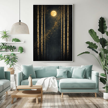 A vertical Art Nouveau-style illustration of six slender birch trees against a dark, velvety sky. A golden moon with swirling patterns sits at the top, and a diagonal trail of shimmering golden stardust flows through the center. The trees have textured, golden mosaic patterns on their bark.