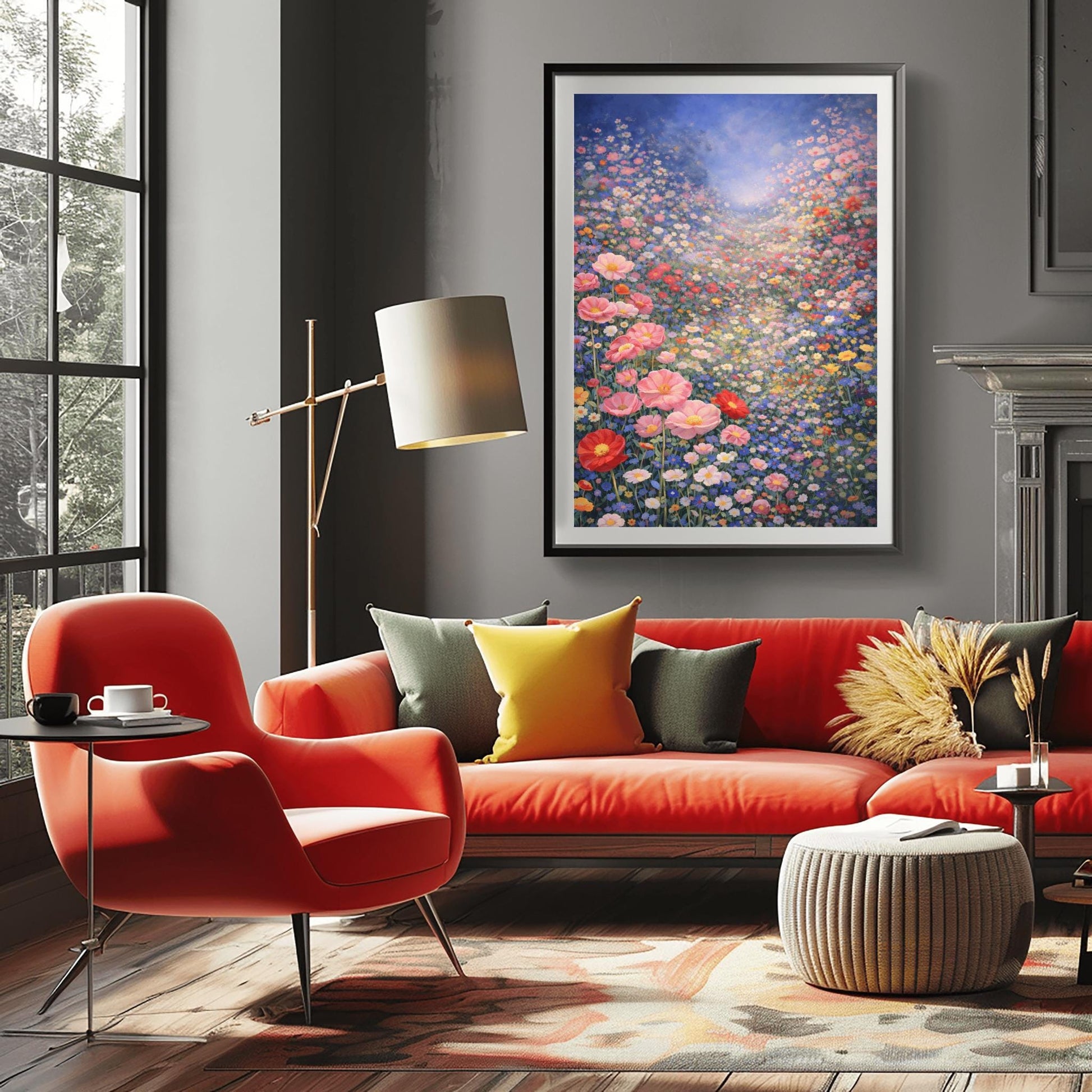 A vertical fine art landscape in the style of Gustav Klimt. A vast valley is filled with a dense sea of pink, red, blue, and white wildflowers. Large pink poppies are in the foreground, and the field stretches back to a hazy, sun-drenched horizon under a soft blue sky.