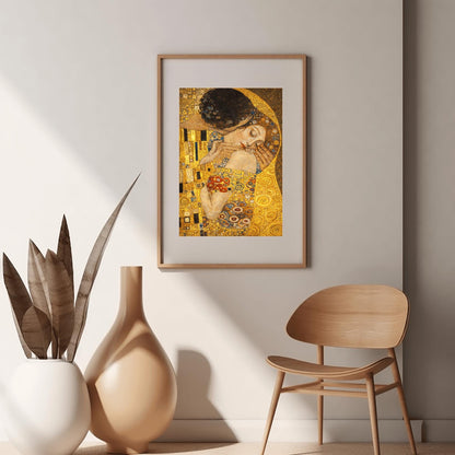 A vertical fine art print in the style of Gustav Klimt's "The Kiss." An embracing couple is centered, their bodies merged under a single, ornate golden cloak filled with geometric patterns like black and white rectangles and colorful spirals. The woman’s face is turned upward with eyes closed in a peaceful expression. The background is a shimmering, textured gold field, creating a radiant and romantic Art Nouveau atmosphere.