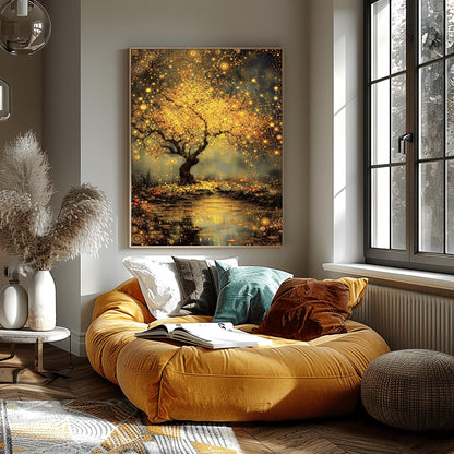 A vertical, highly detailed painting in the style of Gustav Klimt. A large tree with a dark, twisted trunk stands beside a dark pond. The tree's branches are a dense explosion of golden circular patterns, spirals, and mosaic-like flowers. The pond below reflects the golden light and is dotted with glowing lily pads. The background is a moody, textured grey-green. The entire scene is rich with golden textures and intricate geometric details.