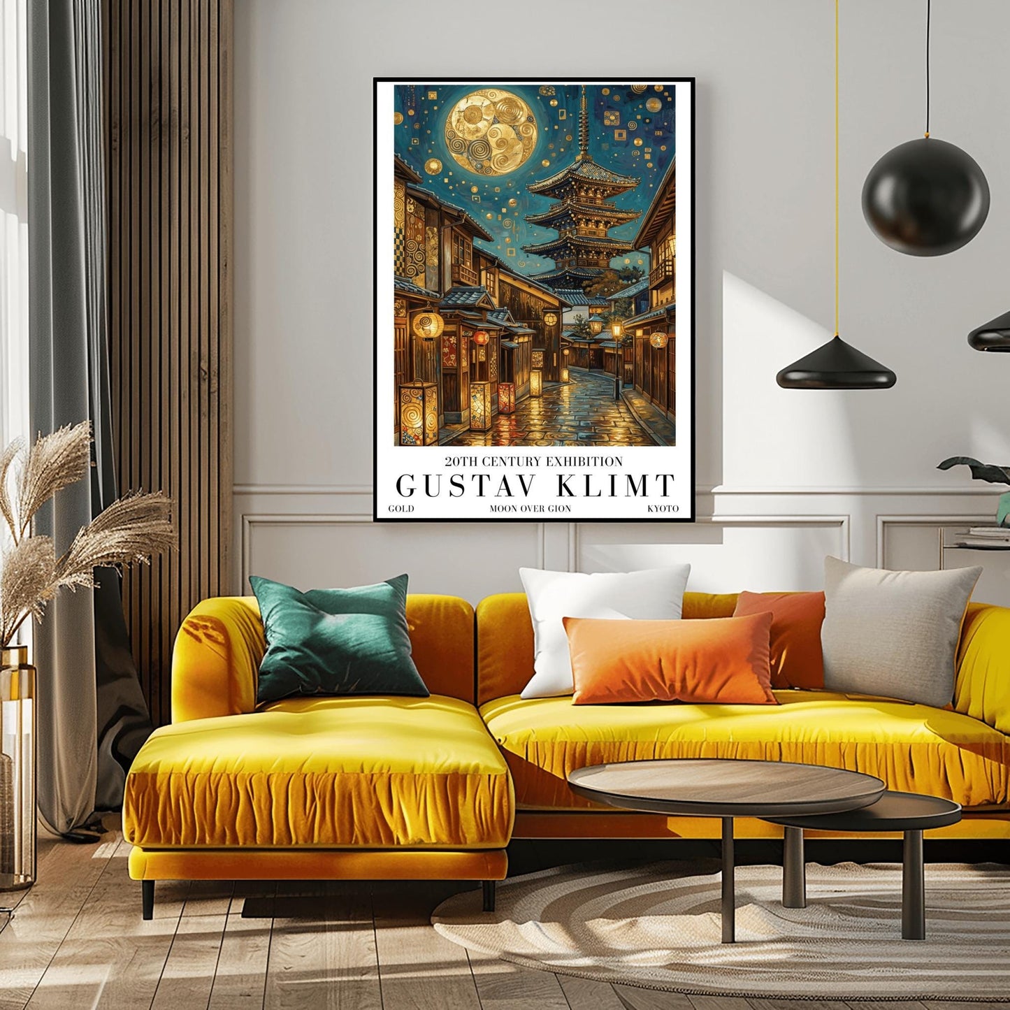 A vertical museum exhibition poster in the style of Gustav Klimt. A historic Japanese street in Gion, Kyoto, features a five-story pagoda and glowing lanterns at night. A massive golden moon with mosaic patterns fills the top of the sky. Bold black text at the bottom reads "GUSTAV KLIMT" and "MOON OVER GION."