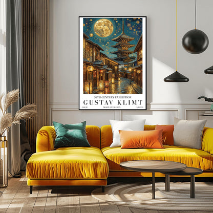 A vertical museum exhibition poster in the style of Gustav Klimt. A historic Japanese street in Gion, Kyoto, features a five-story pagoda and glowing lanterns at night. A massive golden moon with mosaic patterns fills the top of the sky. Bold black text at the bottom reads "GUSTAV KLIMT" and "MOON OVER GION."