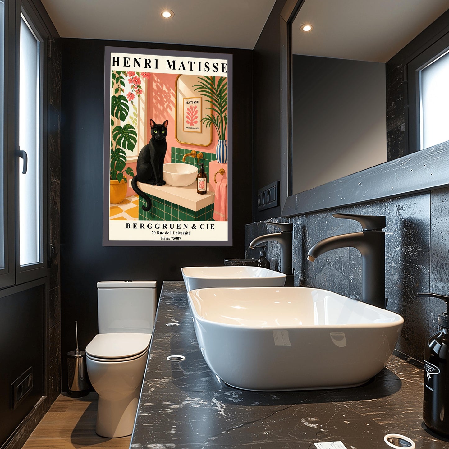 A vertical art print styled as a Henri Matisse exhibition poster. A sleek black cat with bright green eyes sits on a cream-colored bathroom vanity next to a white vessel sink. The bathroom features blush pink walls and emerald green tiles. A gold-framed mirror reflects a Matisse leaf print. Lush green plants and pink flowers frame the scene, and dappled sunlight creates shadows on the wall. The poster has bold black text at the top and bottom with the gallery name Berggruen & Cie.