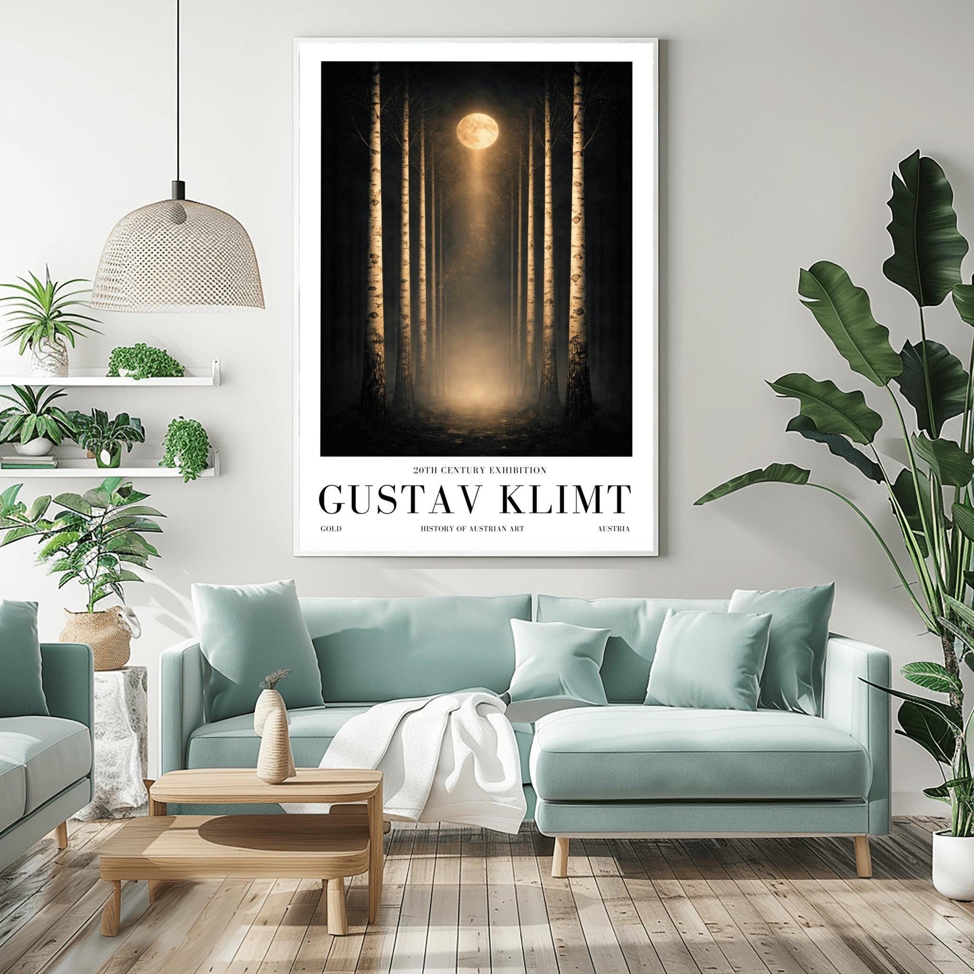 A vertical, perfectly symmetrical illustration of a birch forest at night. Three slender birch trees frame each side of a central path. A golden moon at the top center casts a beam of light downward onto a glowing forest floor. The trees feature intricate golden mosaic bark.