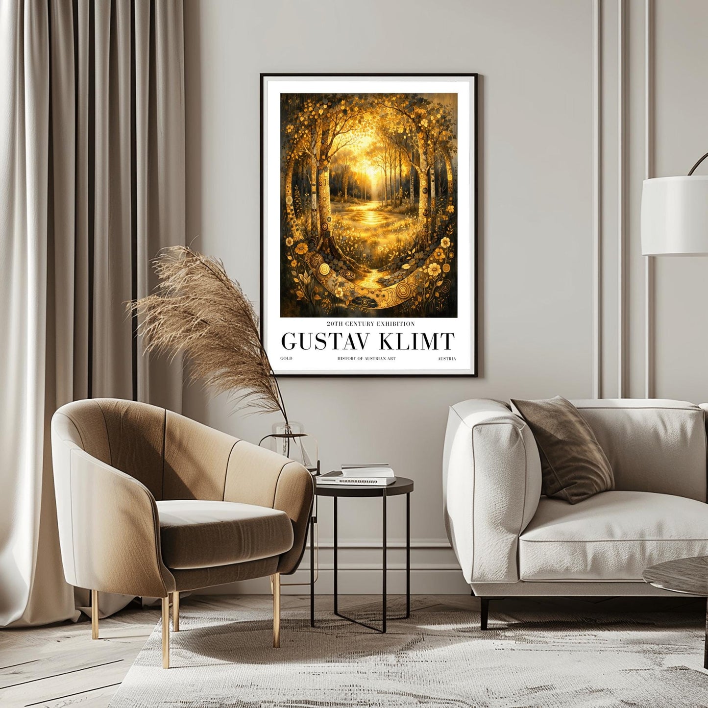 A vertical exhibition poster for Gustav Klimt featuring a golden forest. Two highly decorative trees with mosaic patterns frame a sunlit glade. A golden stream flows toward the viewer through shimmering flowers. Text at the bottom reads "Gustav Klimt, 20th Century Exhibition."