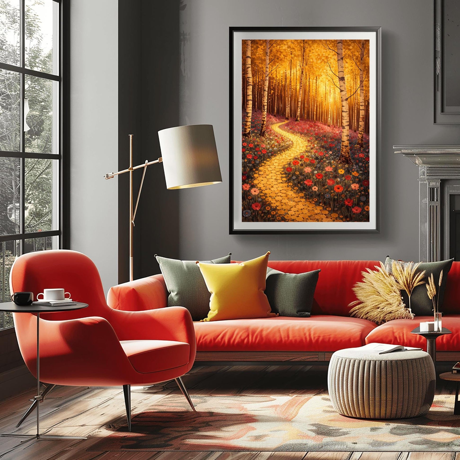 A vertical fine art landscape in the style of Gustav Klimt. Slender birch trees with white and black bark stand in a forest with glowing golden leaves. A winding path made of golden mosaic circles leads through a meadow of red and pink poppies toward a sun-drenched, ethereal background.