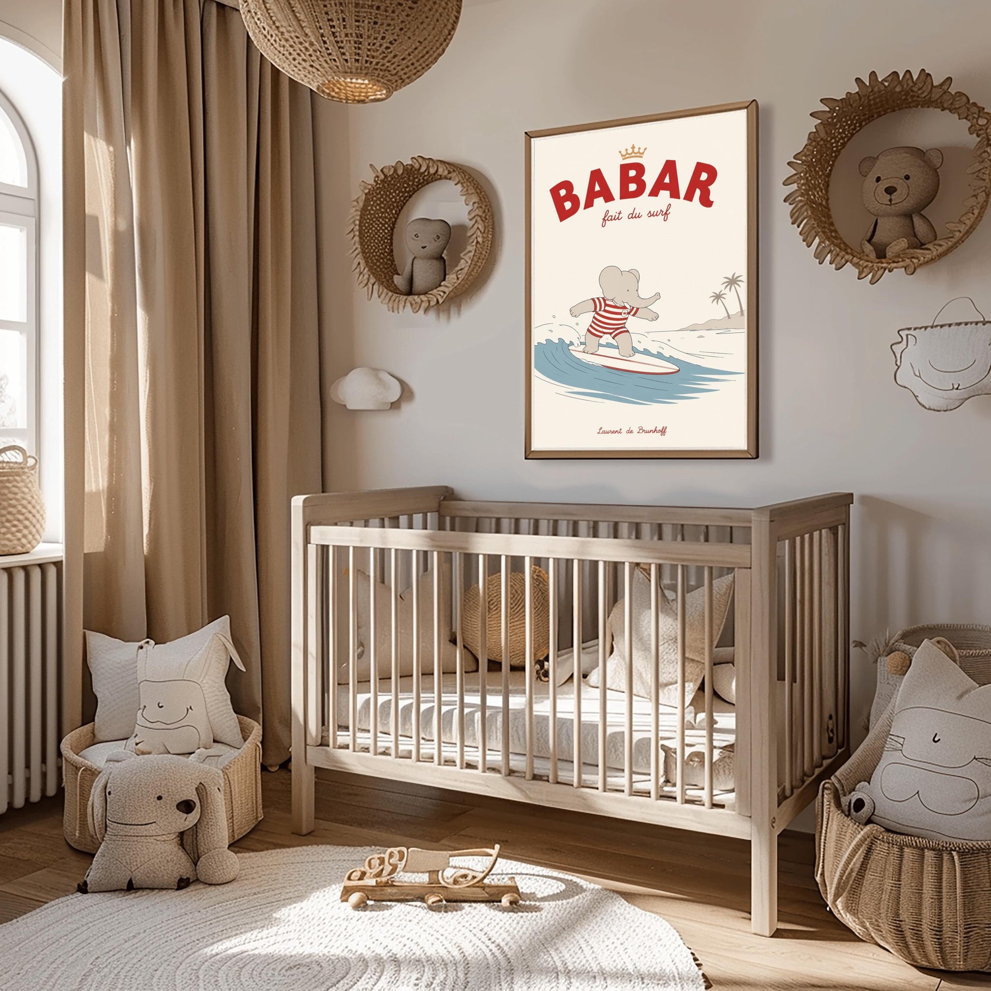 A vertical storybook-style art print of Babar the Elephant surfing. Babar is wearing a red and white striped swimsuit and standing on a white surfboard with a red stripe. He is riding a blue wave with a white crest. In the background, there is a tan beach with two palm trees under a cream sky. The top reads "BABAR fait du surf" with a small gold crown.