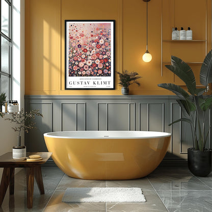 A vertical fine art painting in the style of Gustav Klimt. A dense field of stylized, circular wildflowers in shades of pink, rose, peach, and white fills the bottom two-thirds of the canvas. The background is a misty, textured gradient of soft pink and grey. The style is highly decorative with mosaic-like floral patterns and subtle golden highlights.