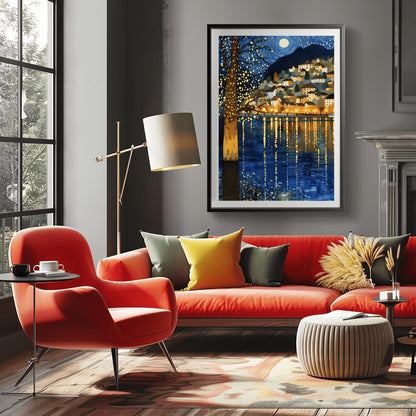 A vertical fine art painting in the style of Gustav Klimt. A coastal village with warm-lit houses is nestled on a hillside at night. A large, shimmering tree with gold-textured bark stands in the left foreground. Above, a full moon sits within a swirling blue sky of mosaic stars. The water in the foreground features long, vertical golden reflections of the village lights.