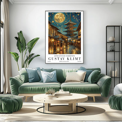 A vertical museum exhibition poster in the style of Gustav Klimt. A historic Japanese street in Gion, Kyoto, features a five-story pagoda and glowing lanterns at night. A massive golden moon with mosaic patterns fills the top of the sky. Bold black text at the bottom reads "GUSTAV KLIMT" and "MOON OVER GION."