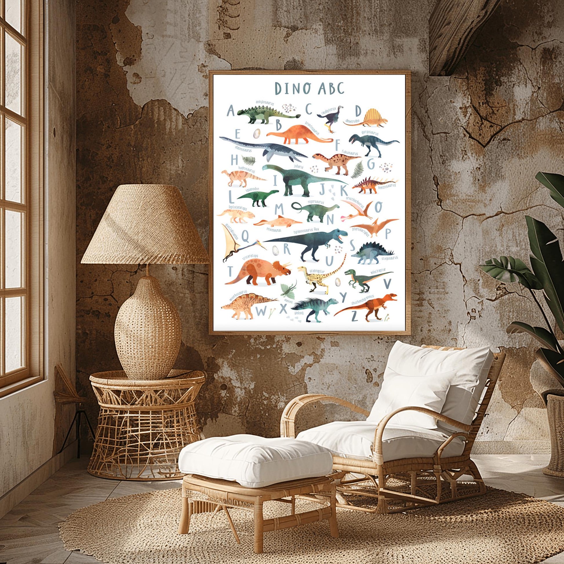 Educational dinosaur alphabet poster for kids featuring A–Z illustrated dinos with names, ideal for nursery or preschool wall decor.