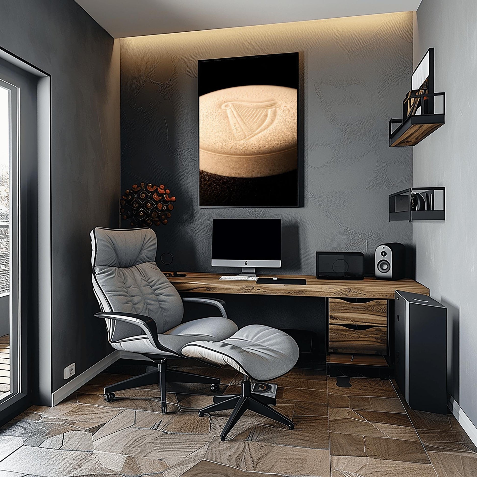 A vertical macro photograph of the thick, creamy foam head on a pint of Guinness. The iconic Guinness harp is embossed into the center of the velvety bubbles. The image features warm cream tones against a dark, shadowy background.