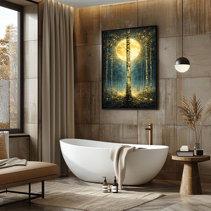 A vertical Art Nouveau-style illustration of a birch forest at night. A large golden moon hangs behind a central birch tree. The forest is filled with teal mist and shimmering golden stardust. The trees have intricate, mosaic-like textures on their bark.