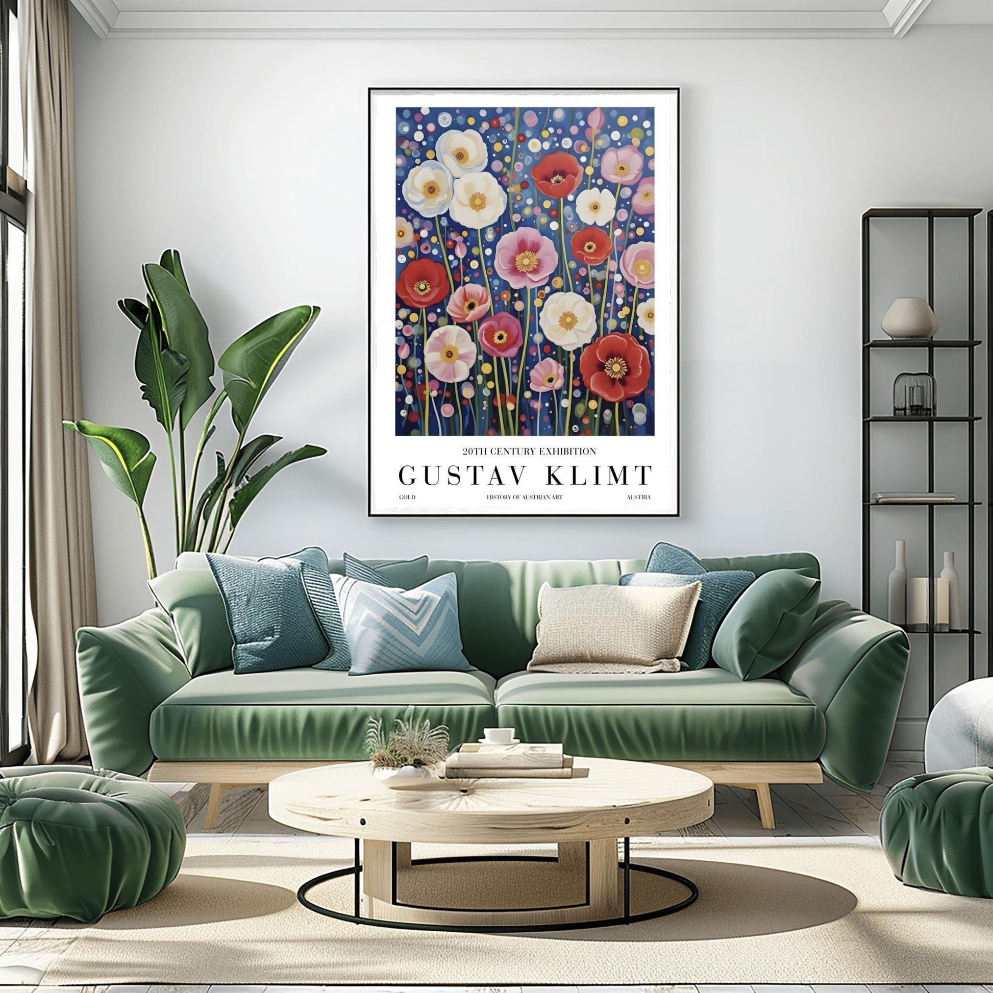 A vertical exhibition-style poster featuring a field of poppies in the style of Gustav Klimt. Large white, red, and pink flowers bloom on slender green stems against a dark navy background filled with shimmering gold and cream mosaic dots. The bottom margin features elegant typography reading "GUSTAV KLIMT" and "20TH CENTURY EXHIBITION."