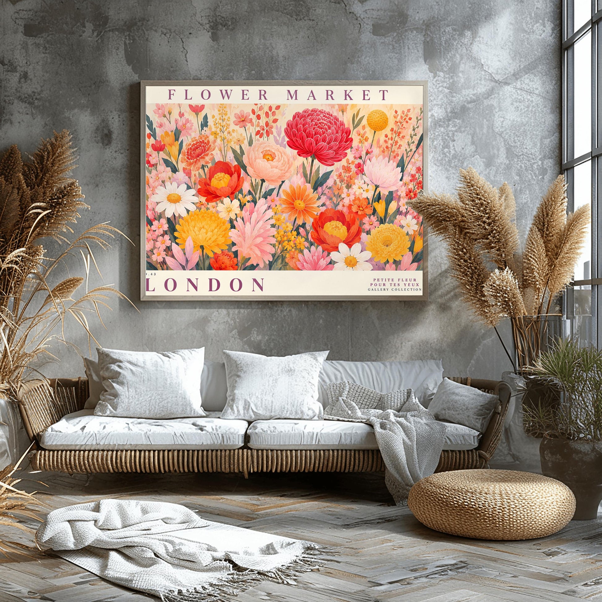 A vibrant, maximalist vintage botanical gallery poster titled "FLOWER MARKET LONDON" in elegant purple typography. The main illustration shows a dense, edge-to-edge meadow of hand-painted wildflowers. The arrangement includes a large crimson red dahlia, soft pink peonies, white daisies with yellow centers, yellow chrysanthemums, and various small orange and pink blossoms nestled among green leaves.