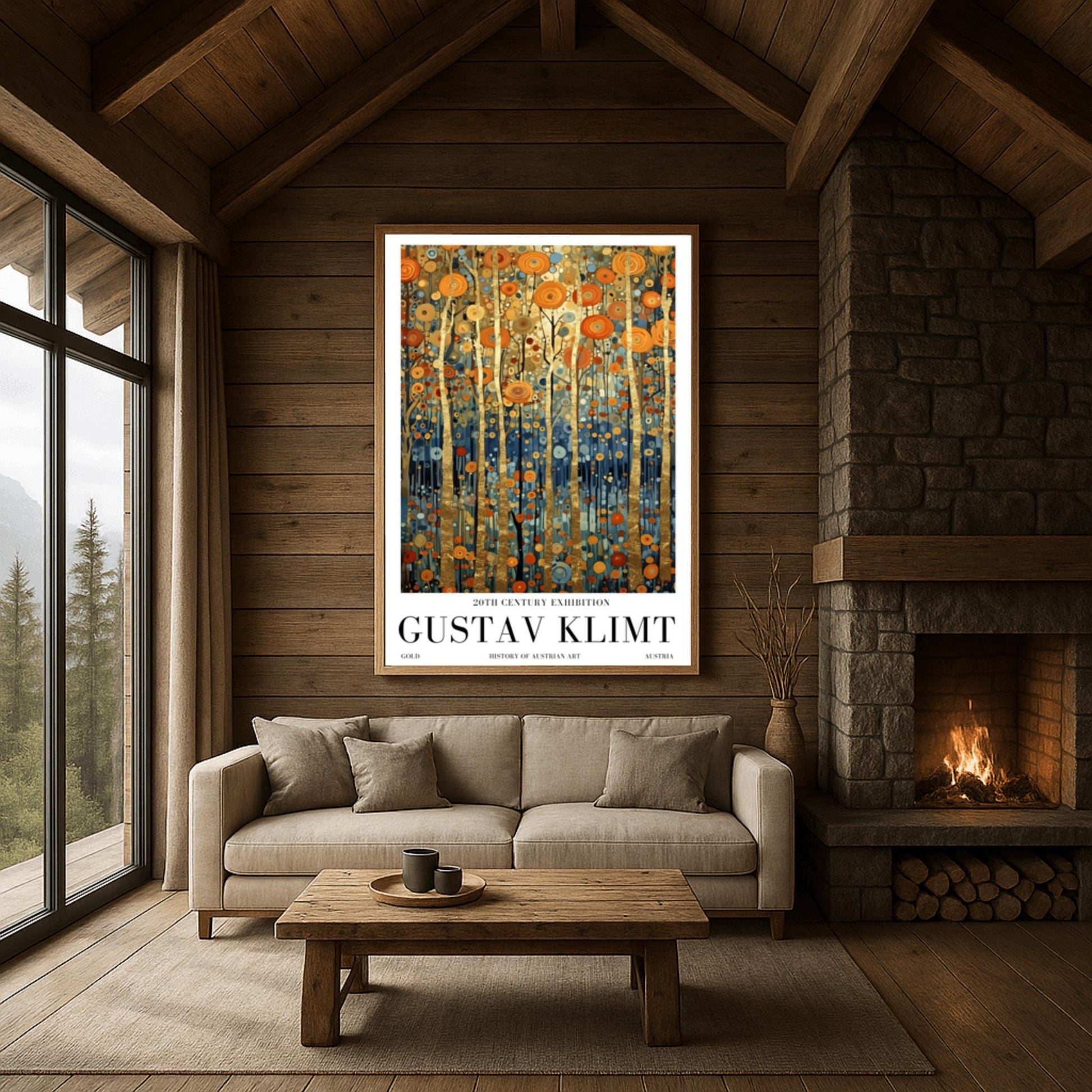 A vertical museum exhibition poster in the style of Gustav Klimt. Tall, slender tree trunks made of brilliant gold leaf stand against a background of orange, gold, and blue mosaic-style leaves. The bottom of the image is a deep indigo blue. Bold black text at the bottom reads "GUSTAV KLIMT" and "HISTORY OF AUSTRIAN ART."