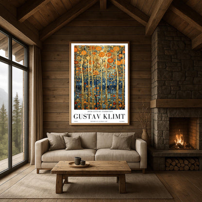 A vertical museum exhibition poster in the style of Gustav Klimt. Tall, slender tree trunks made of brilliant gold leaf stand against a background of orange, gold, and blue mosaic-style leaves. The bottom of the image is a deep indigo blue. Bold black text at the bottom reads "GUSTAV KLIMT" and "HISTORY OF AUSTRIAN ART."