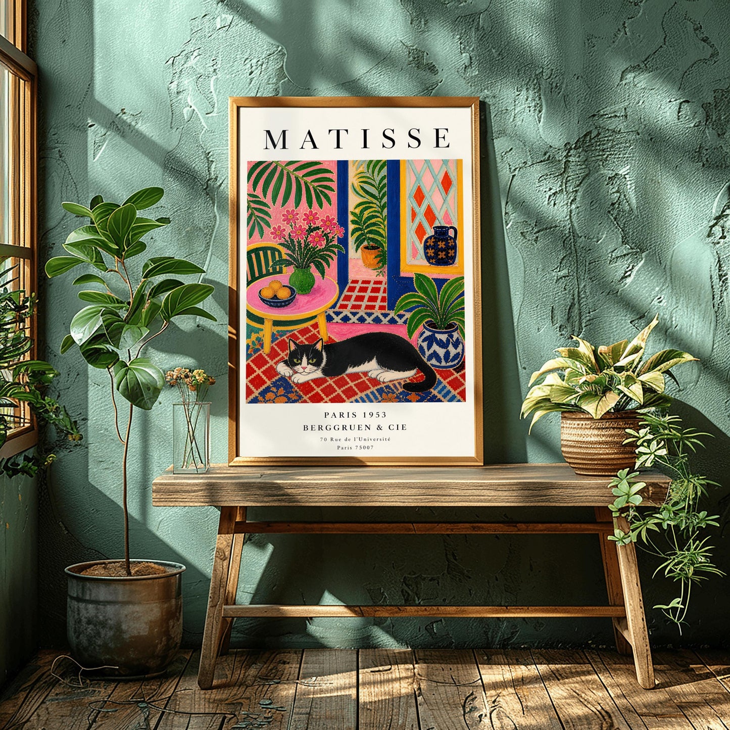 A vertical maximalist art print styled as a Henri Matisse exhibition poster. A black and white tuxedo cat lies across an intricate red, orange, and blue patterned rug. The room features textured bubblegum pink walls and a cobalt blue door frame. To the left, a pink table holds a bowl of oranges and a green vase with pink flowers. To the right, a blue and white floral pot holds a green plant. A diamond-patterned window is visible in the background.