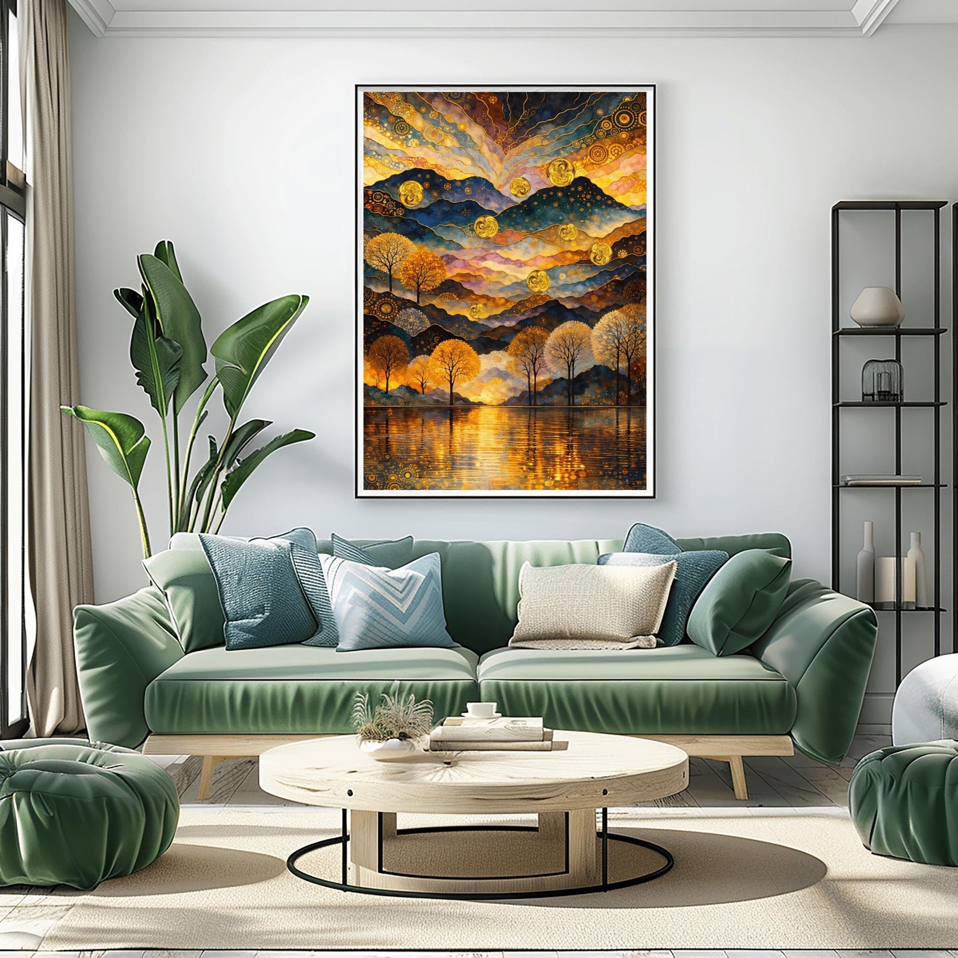 A vertical fine art print in the style of Gustav Klimt. A mountain range is made of rhythmic, undulating layers of blue, purple, and gold with mosaic patterns. Seven large golden spheres float in the air. The sky features swirling golden clouds and stars. In the foreground, a line of golden trees stands before a lake reflecting golden light.