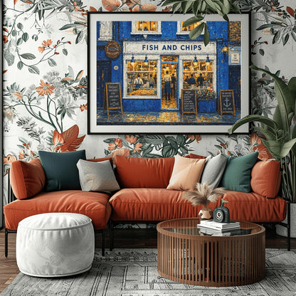 A horizontal impressionist painting of a "Fish and Chips" shop at night. The building is a vibrant cobalt blue with thick, textured brushstrokes. Large, bright windows reveal a warm yellow interior where chefs are working. Outside, three wooden chalkboard signs list the menu and "The Nation's Favourite." The wet pavement reflects the golden light from the shop's interior and blue exterior lamps. A sign on the right reads "10 The Strand."