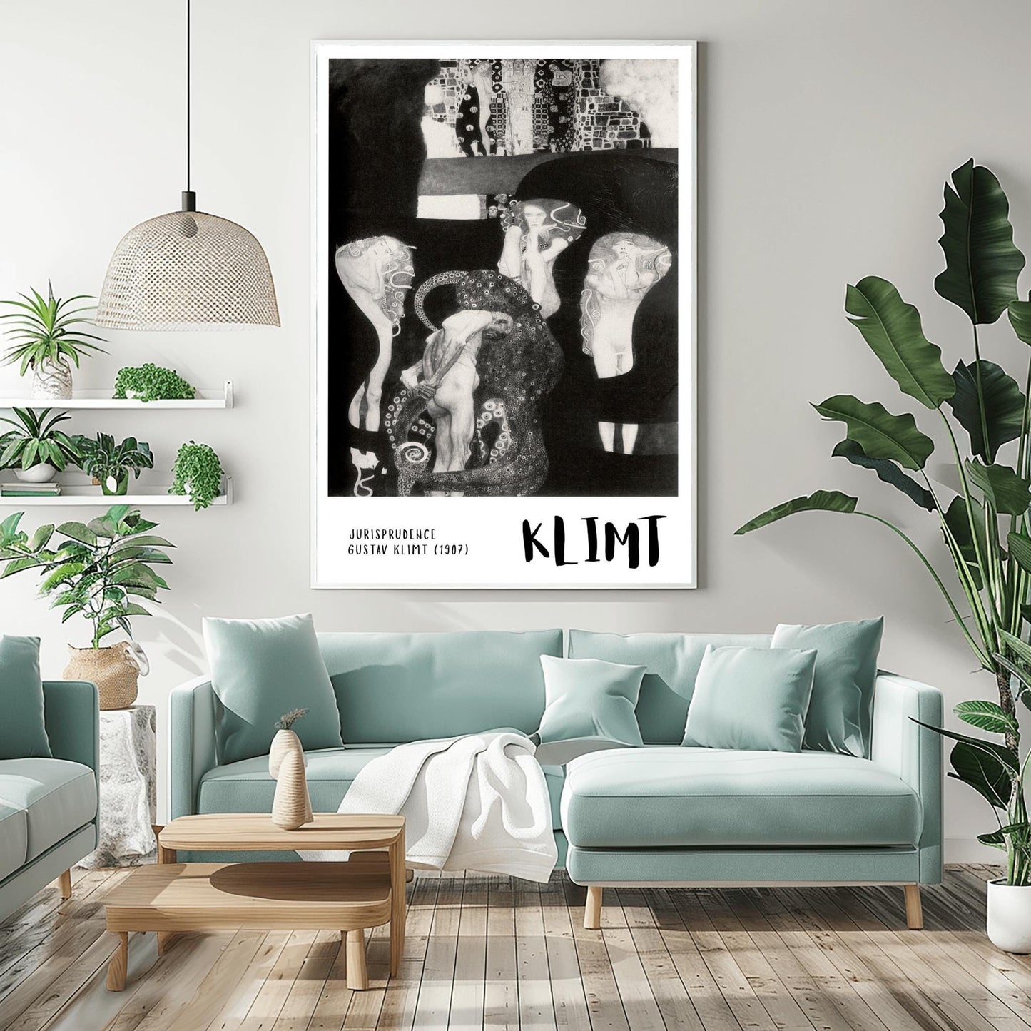 A vertical museum exhibition poster featuring a black and white version of Gustav Klimt's 1907 painting "Jurisprudence." A central male figure is surrounded by an ornate, tentacled creature and ethereal female figures. The bottom border is white with bold black text reading "JURISPRUDENCE" and "KLIMT."