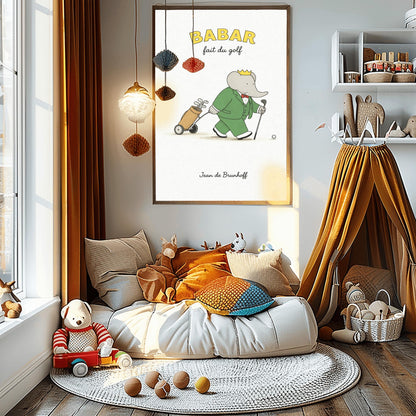 A vertical art print titled "BABAR fait du golf" in yellow letters. A grey elephant, Babar, is wearing a green suit, a red bow tie, and a gold crown. He is walking across a simple beige ground, holding a golf club and pulling a tan golf bag on a small two-wheeled cart. A single golf ball sits on the ground in front of him. The background is a minimalist off-white texture, and "Jean de Brunhoff" is written at the bottom.
