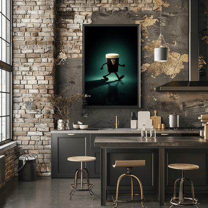 A vertical cinematic illustration of a 3D Guinness pint character with cartoon arms and legs. It is walking across a dark, reflective floor under a moody emerald-green spotlight. The pint features a crisp white foam head and a golden harp logo.