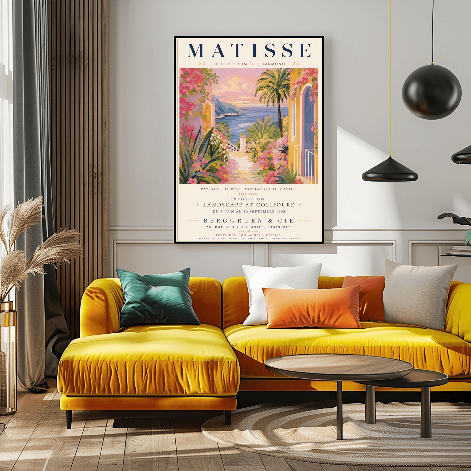 A French exhibition poster titled "MATISSE" at the top, featuring a pastel-toned painting of a Mediterranean coastal scene. A pathway lined with pink flowers, green agave plants, and yellow villas leads toward a blue sea and distant hills under a pink and gold sunset sky. A tall palm tree stands on the right. Elegant typography below the artwork text reads "Exposition Landscape at Collioure, Berggruen & Cie, Paris."