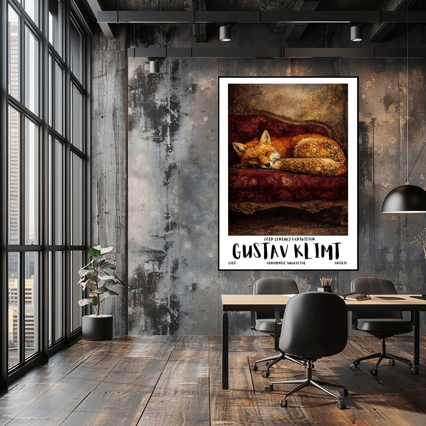 A vertical exhibition poster for Gustav Klimt featuring a red fox sleeping on a dark crimson velvet antique sofa. The fox's haunches are covered in golden mosaic flowers and jewels. Bold text at the bottom reads "GUSTAV KLIMT" and "Ornamental Surrealism."