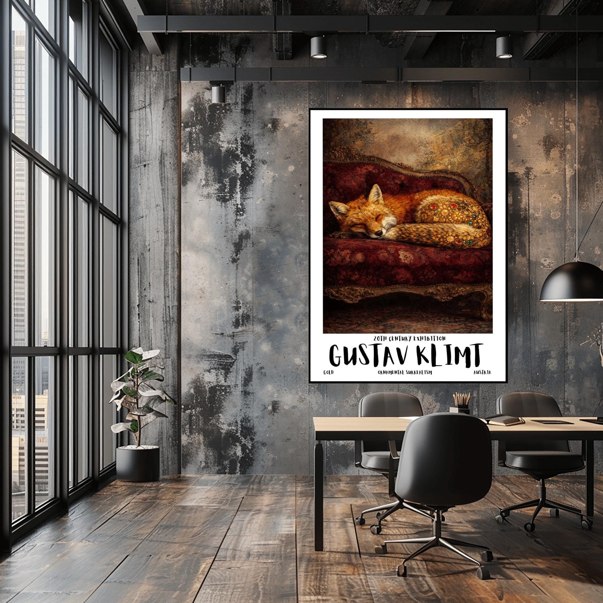 A vertical exhibition poster for Gustav Klimt featuring a red fox sleeping on a dark crimson velvet antique sofa. The fox's haunches are covered in golden mosaic flowers and jewels. Bold text at the bottom reads "GUSTAV KLIMT" and "Ornamental Surrealism."
